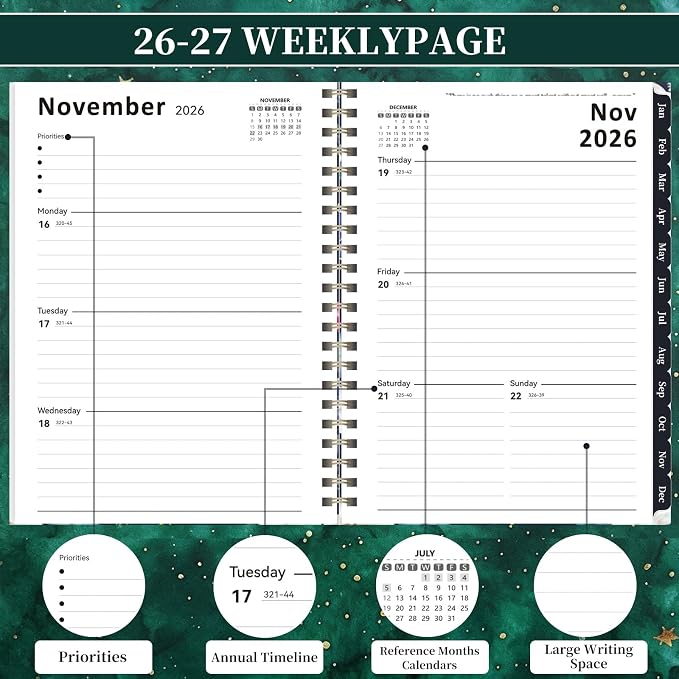 2026-2027 Planner, 12 Months Monthly & Weekly Daily Planner July 2026 - June 2027, 8.5" x 6.2" Hardcover Agenda Organizer with Tabs, Spiral Bound Calendar Notebook for School Work Home, Floral Design (Green & Stars)
