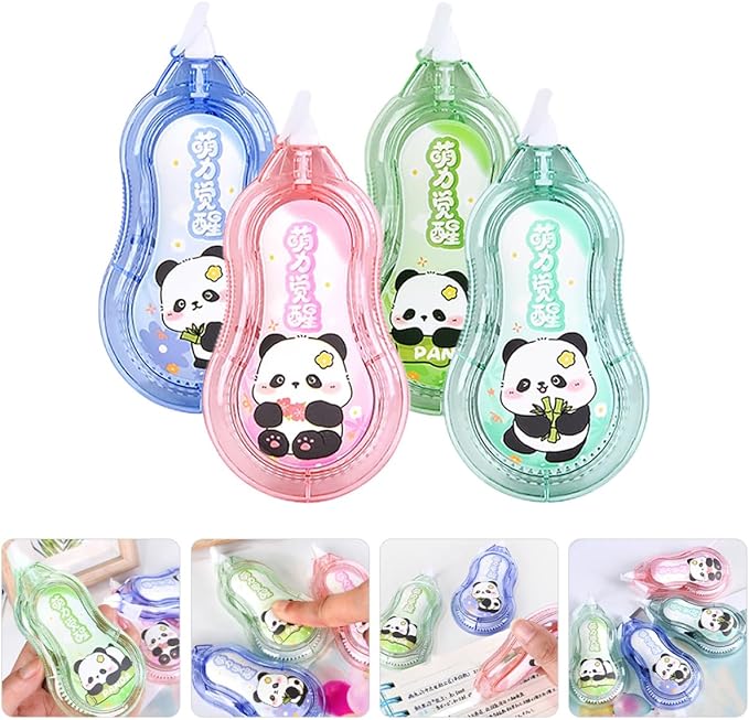Ciieeo 4pcs Correction Tape for Students with Cartoon Panda Design, Portable Small Eraser Tape Set in Pink Blue Green and Cyan, Classroom and School Supplies for Daily Writing Correction