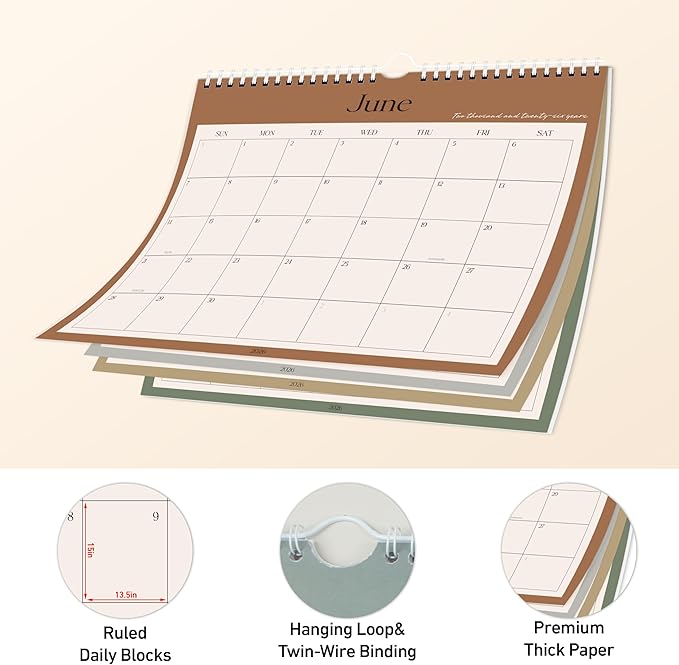 Aesthetic Wall Calendar 2026, 12 Monthly Horizontal Calendar January 2026 to December 2026, 14.5" x 11.5" Modern Wall Hanging Calendar for School, Home, Office for Monthly Organizing & Planning