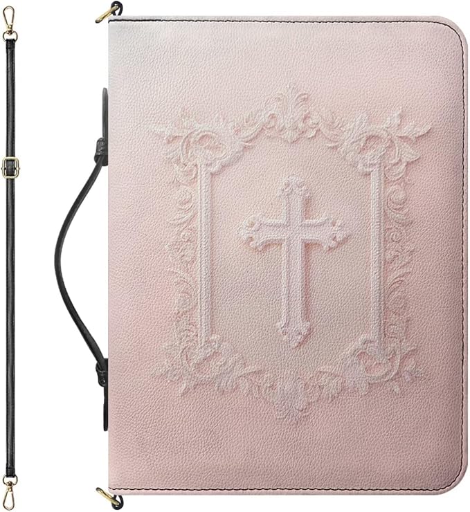 Extra Large PU Leather Bible Cover for Women, Pink Bible Bag with Strap and Handle, Faux Embossed Crucifix Print Bible Holder with Inner Pockets and Pen Loop, Biblia Accessories Women