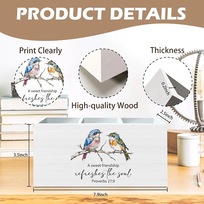 DILSJ Christian Bird Pen Pencil Holder Organizer for Desk, Christian Friendship Gifts for Women, A Sweet Friendship Refreshes the Soul Wooden Box Signs for Home Office Desk Decoration Supplies