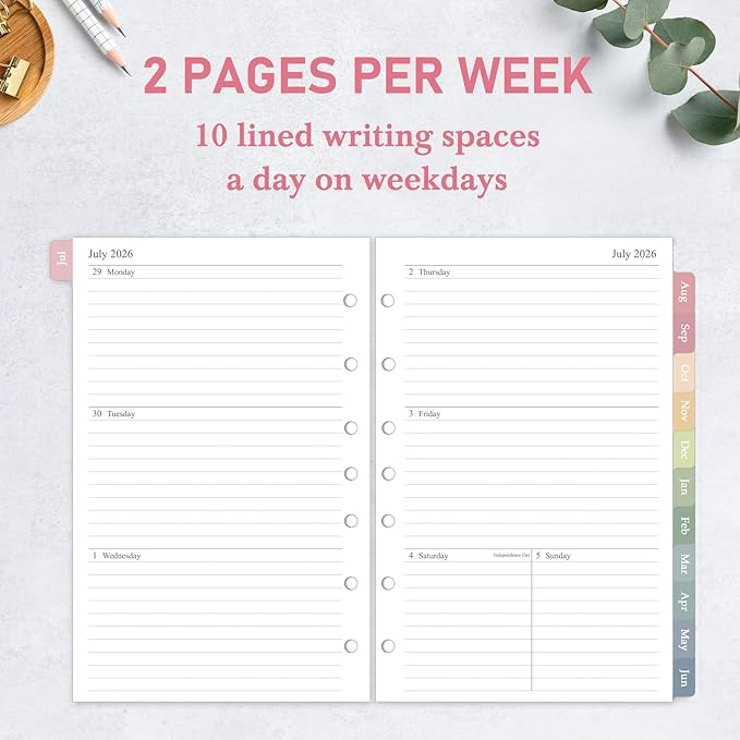 2026-2027 Weekly & Monthly Planner Refill, 5.5"x8.5", A5 Medium Planner Inserts with Colorful Monthly Tabs, Size 4, July 2026 - June 2027, 7-Hole Punched