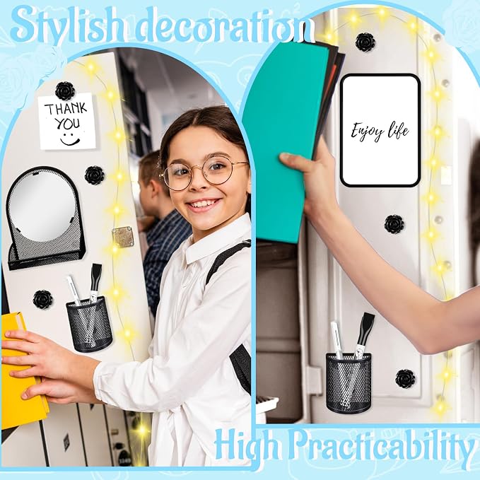 8 Pcs Locker Accessories Kit Black Magnetic Mirror, Magnetic Pen Holders, Cute Flower Magnets,Locker Decorations Supplies First Day of School Essentials Work Locker Organizer