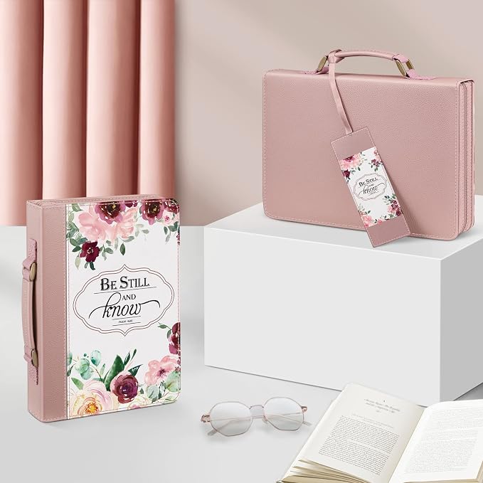 FINPAC Large Classic Bible Cover Vegan Leather Carrying Book Case Church Bag Bible Protective with Handle, Gift for Women, Mother, Friends, Rose Garden