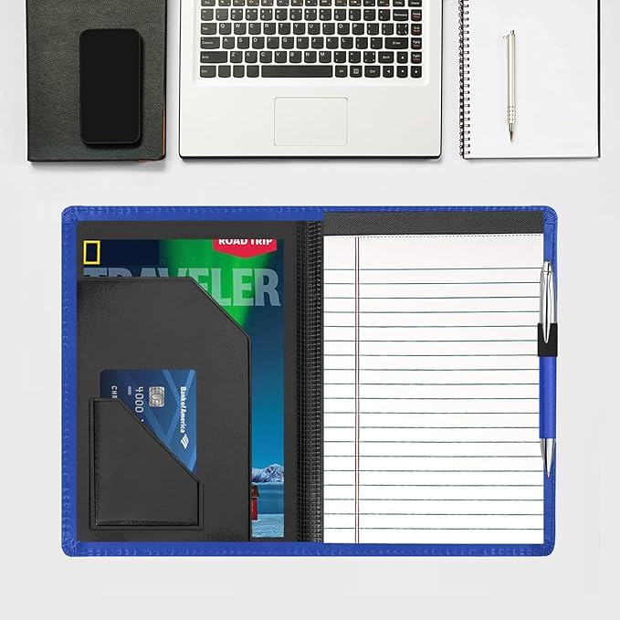 Junior Padfolio Folder - A5 Portfolio Binder Case with 5 x 8 Writing Pad and Interior Storage Pocket Executive Business Organizer for Men Women,Blue