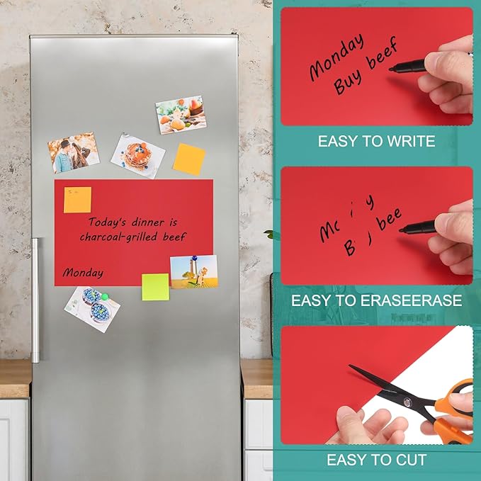 PATIKIL Magnetic Dry Erase Board Sheet for Fridge, 3 Pcs 12 x 8 Inch Erasable Refrigerator Whiteboard for Kitchen for Home Kitchen Organizer Planner Office Storage, Red (0.6mm)