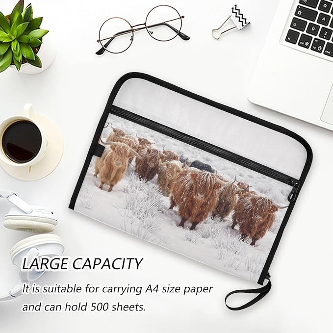 Scottish Highland Cow Winter Expanding Accordion File Folder with 13 Pockets and Zipper Closure