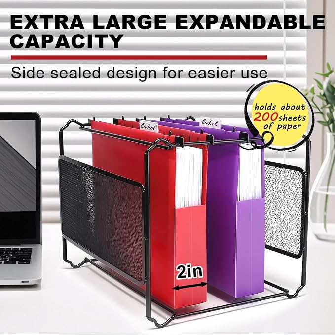 Navona Plastic Hanging File Folders, 5 Pack Extra Capacity 2" Expanding Pockets, Heavy Duty Letter Size with Clear Tabs, 5 Assorted Colors for Home Office Filing Cabinets
