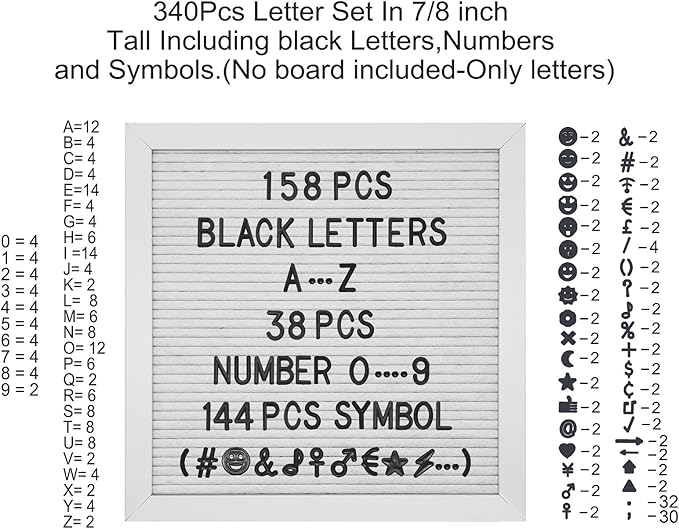Felt Letter Board Letters Set, Pre-Cut 340pcs 7/8 inch(0.875") Black Letters Only(No Board Included)