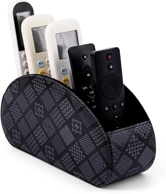 Remote Control Holders Organizer Box with 5 Compartment PU Leather Multi-functional Office Desk Storage Caddy Store Tv Remote for Media Player,Brush,Pencil,Glassees&Office Supplies (Grey print)