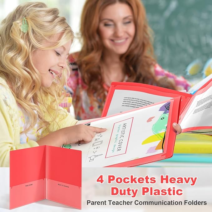 Henoyso 24 Pcs Take Home Folder Heavy Duty 2 Clear Front Pockets and 2 Inside Pockets Homework Folders for School Students Parent Teacher Classroom Communication(Red)