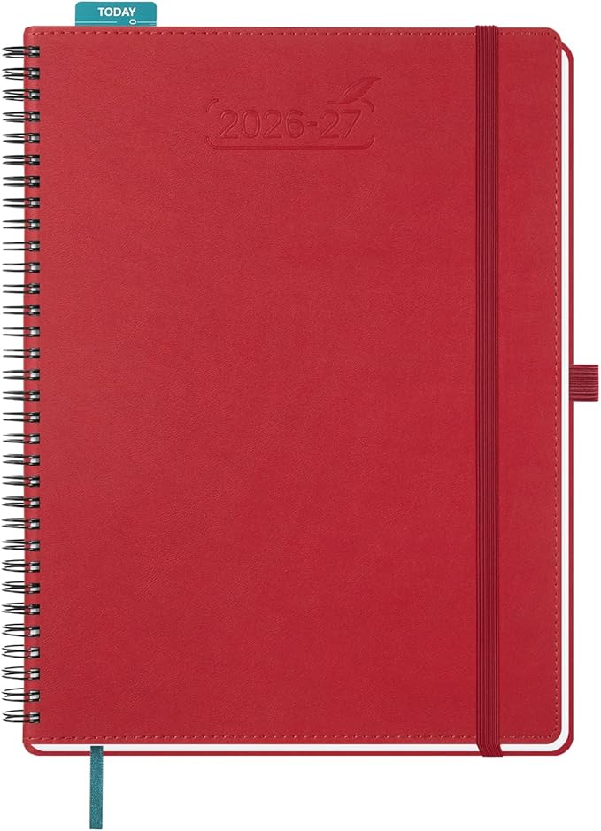 BEZEND Weekly Planner 2026-2027 (8.5" x 11") with Hourly Timeslots (Jul 26-Dec 27) 18 Months Academic Calendar & Monthly Tabs, for Students, Work & Home, Spiral PU Leather Softcover -Red