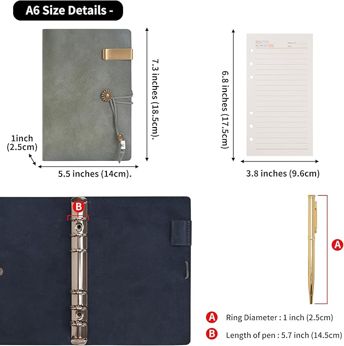 WONDERPOOL Leather Journal Lined Paper Notebook & Pen - Refillable 6 Ring Binder Writing Spiral Diary with Ruled Notepads Vintage Cover for Office Travel Work and Plan Agenda (a-Green, A6)
