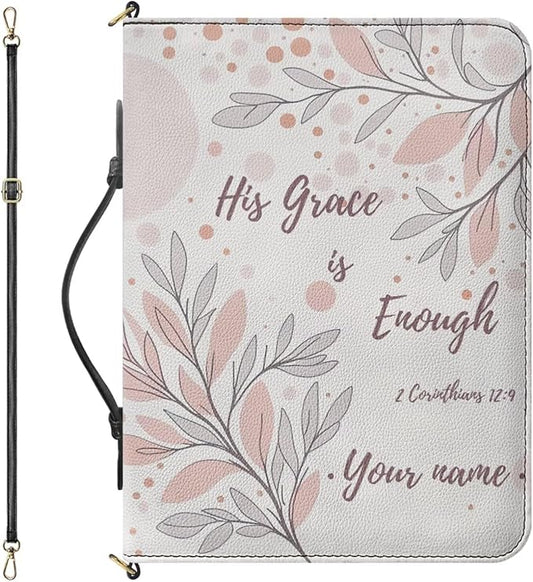 Personalized Bible Covers for Girls, Medium Bible Cover Case with Name, II Corinthians 12:9 Book Organizer with Strap Handle Inner Pockets and Pen Loop,Biblia Study Supplies for Girls, White