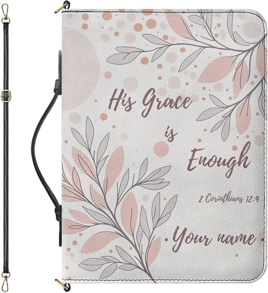 Personalized Bible Cover for Women, Large Bible Cover Case with Name, II Corinthians 12:9 Biblia Protecto with Strap Handle Inner Pockets and Pen Loop,Christian Gifts for Mother, White