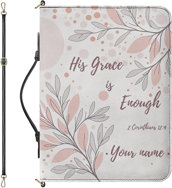Personalized Bible Case for Women, Extra Large Bible Cover Case with Name, II Corinthians 12:9 Book Carrier with Strap Handle Inner Pockets and Pen Loop,Biblia Accessories Women, White