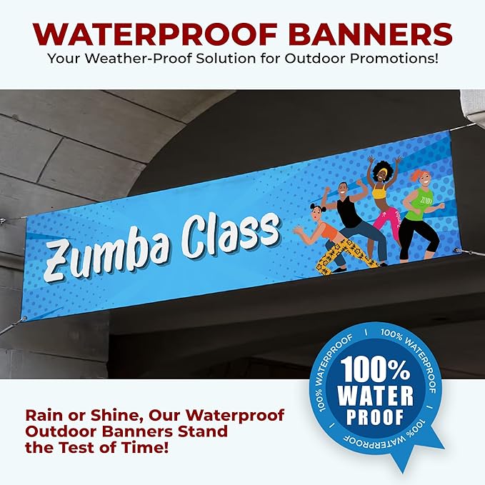 Zoomba Class Large Banners and Signs for Outdoor by Mavis Printing-Polyester Banner with 4 Holes for Easy Hang Indoor & Outdoor|4x1 Feet HD Print Sign to Promote Church| Made in USA