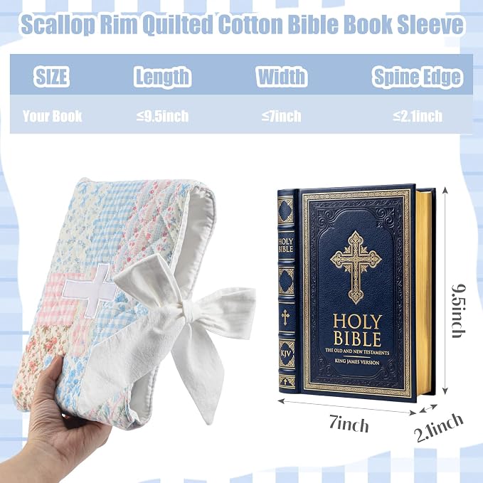 Honoson Quilted Bow Bible Sleeve Cover Case Padded Protector Washable Bible Bag Pouch Christian Gift for Women Girls Book Lover Gifts(Blue Floral Patchwork Cross)
