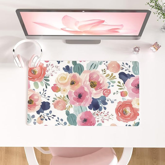 Colorful Star Large Mouse Pad, Pink Floral Desk Mat for Desktop, Women Girls PU Leather Waterproof Gaming Mousepad, Computer PC Laptop Protector Flowers Desk Pads for School Office Home 23.6" x 13.8"