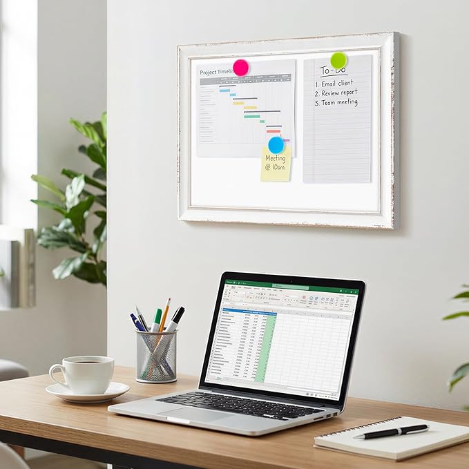 DOLLAR BOSS Magnetic Whiteboard, 16"x12" Dry Erase Board for Wall with White Distressed Frame, Hand-Finished Vintage Decorative White Board for Office, Home & Classroom with Markers, Magnets, Eraser