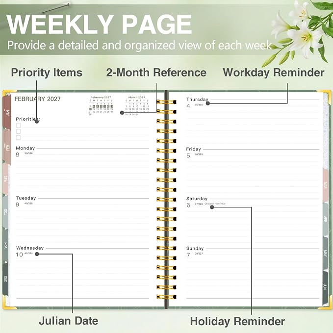 GuassLee Large 2026 Academic Planner, Weekly and Monthly Planner from July 2026-June 2027, 8.5"x 11" Aesthetic Greenery Agenda Book with Back Pocket, Stickers, Coated Tabs, A4 Size