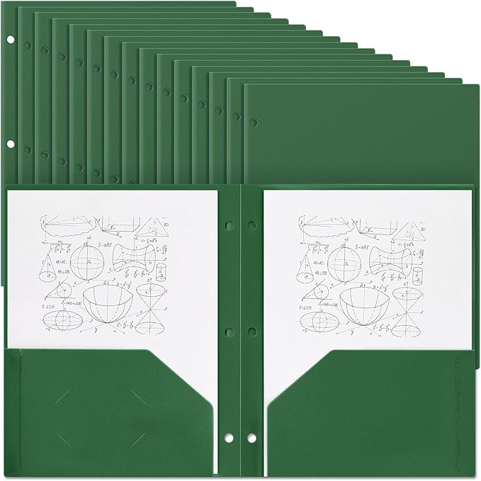 Yeaqee 50 Pcs Plastic Folders with Pockets Bulk 3 Hole Punched 2 Pocket File Folders for 3 Ring Binder Divider Folder for Notebooks, Durable Poly for Office Home (Dark Green)