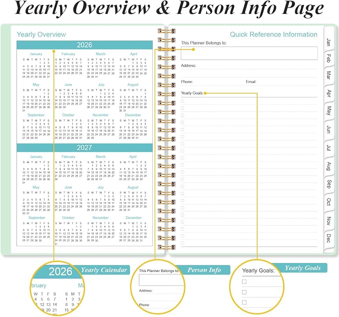 2026 Planner - Weekly and Monthly Calendar Planner from Jan 2026 - Dec 2026, Planner 2026 Spiral Bound with 12 Monthly Tabs, Inner Pocket, Perfect for School Office Supplies, 6.4" x 8.5", Mint