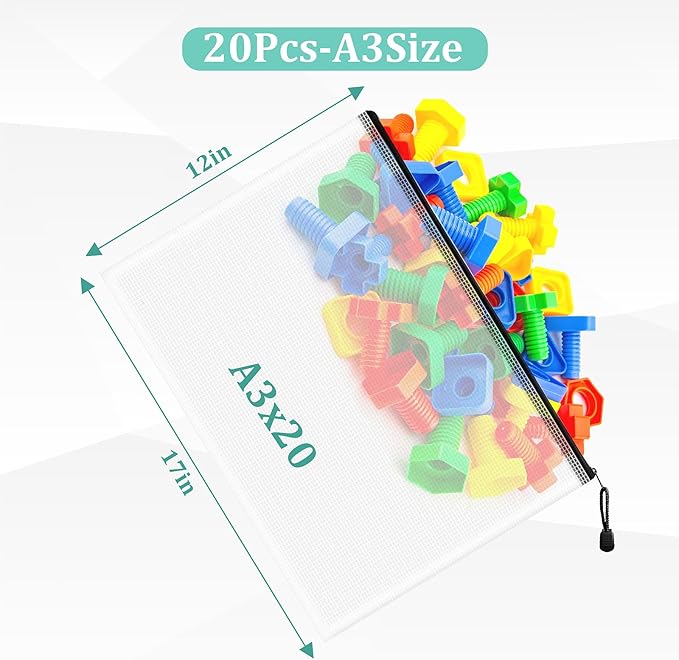 20pcs Mesh Zipper Pouch Bags, A3 Sizes, Zipper Pouches for Organizing, Board Game Storage, Travel, School Office