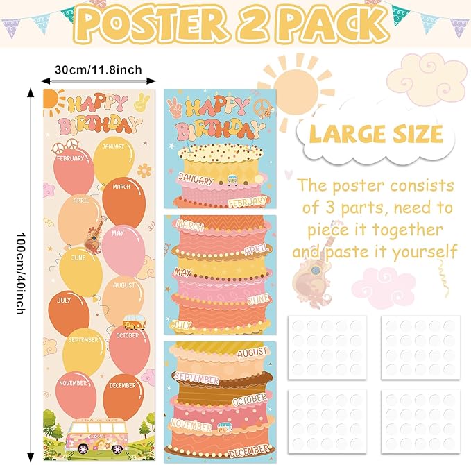 Lonfliness Happy Birthday Poster Chart Groovy Birthday Bulletin Board Decoration Retro Boho Birthdays Classroom Wall Door Decor for Calendar Bulletin Board Nursery Kindergarten Back to School Supplies