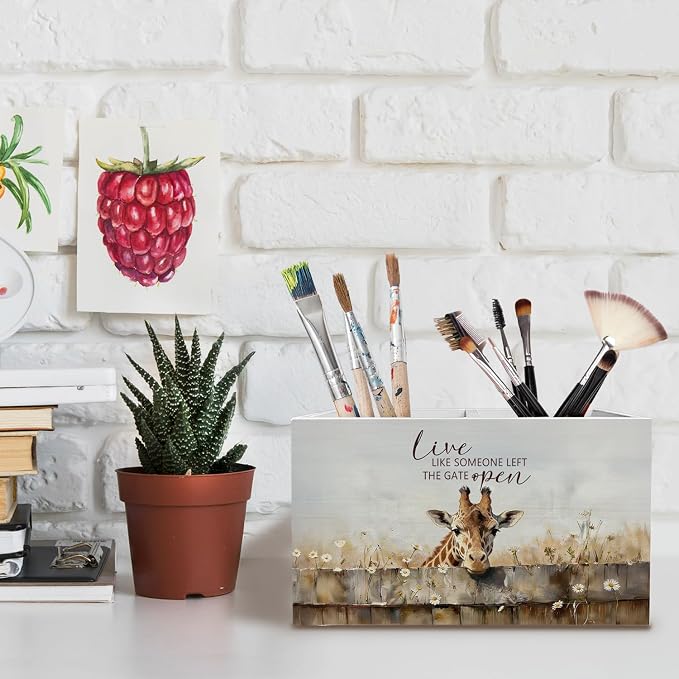 Rustic Giraffe Pen Holder for Desk, Giraffe Lover Gifts Pencil Organizer, Live Like Someone Left the Gate Wooden Box Sign Desk Decor for Farmhouse Home Office Decoration