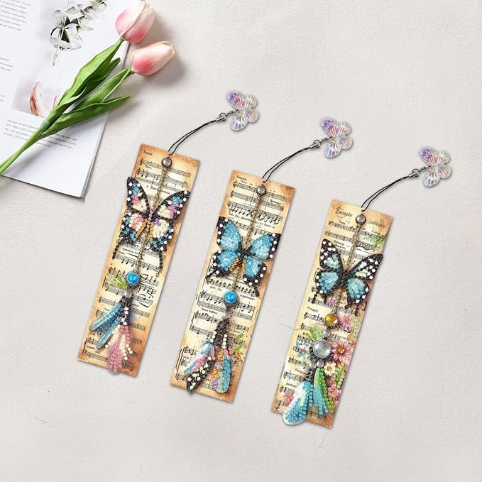 ARTopet 3Pcs DIY Diamond Art Painting Bookmarks with Colorful Butterfly Pendant PET Bookmark Ornament Double Sided Pattern Single Sided Diamond Book Marker Clip Gifts Tags-Butterfly01