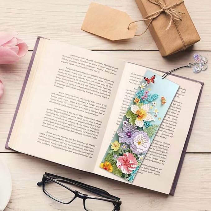ARTopet 4Pcs DIY Diamond Art Painting Bookmarks with Colorful Butterfly Pendant PET Bookmark Ornament Double Sided Pattern Single Sided Diamond Book Marker Clip Gifts Tags-Flowers06