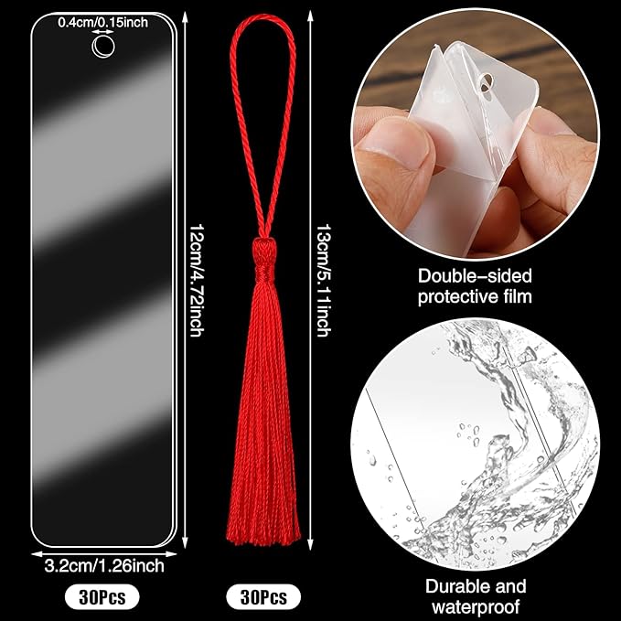 30 Pcs Acrylic Bookmarks Blanks for Women with 30 Pieces Colorful Tassel for DIY Clear Bookmarks Crafts School Gift Bags Book Lovers Readers Gifts Christmas Stocking Stuffers (4.75 × 1Inch)