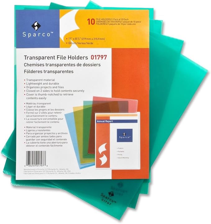 Sparco Products : Transparent File Holders,Water Resistant,11"x8-1/2",Green -:- Sold as 2 Packs of - 10 - / - Total of 20 Each
