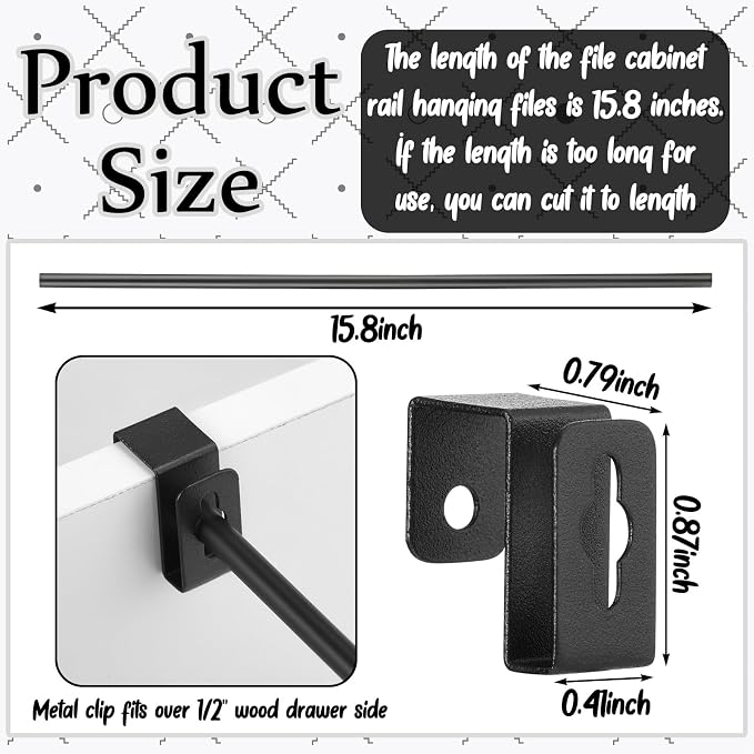4 Set 12 Pcs Black Metal Hanging File Bracket Clips 8 Hanging Rail Clip 4 File Cabinet Rails Fits 1/2 Drawer Side Document Folder Frame Document Hangers for Cabinets Storage