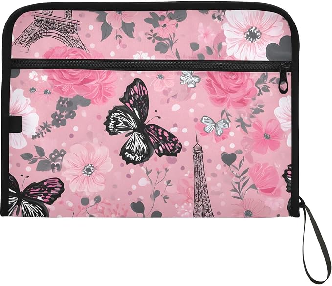 Expanding File Folder Butterfly Rose Eiffeltier Tower Paris France Accordion File Organizer 13 Pockets Document Organizer with Zipper Labels A4 Letter Office Storage