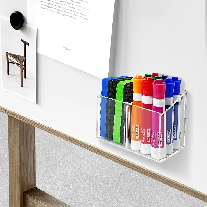 Magnetic Dry Erase Marker Holder, Clear Acrylic Magnetic Pen Marker Holder for Whiteboard, Fridge, Office, Home, Desk Locker Organizer Accessories