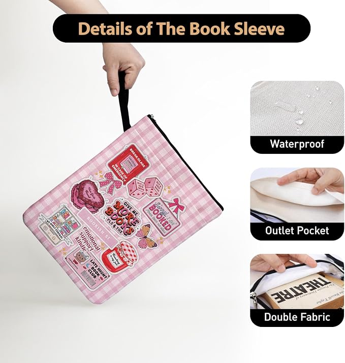 Pink Checkered Collage Style Book Covers for Book Lovers with Handle Pocket, Book Club Gifts for Chritsmas, Reading Accessories for Women Friends Reader Bookish