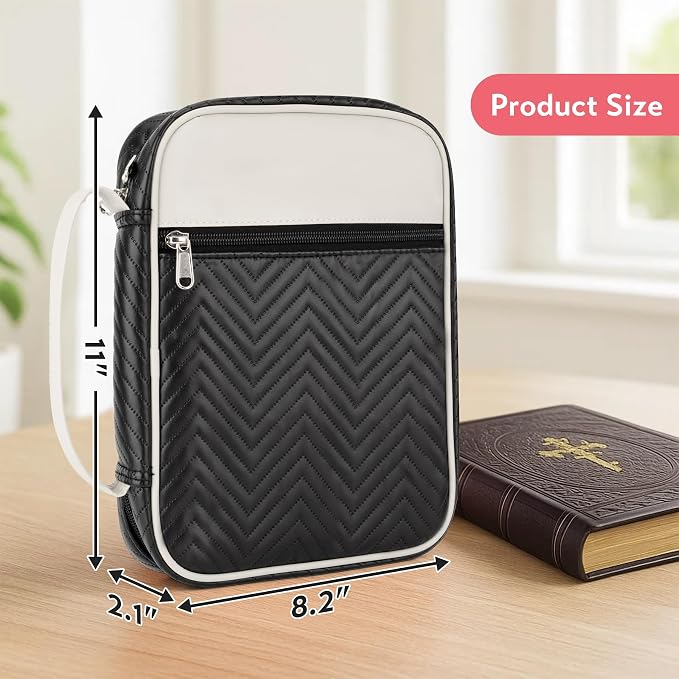 Bible Cover Case,Leather Carrying Book Case with Handle&Zippered Pocket for Standard Size Bible Christian Study Bible Book Gifts(PU Black White)