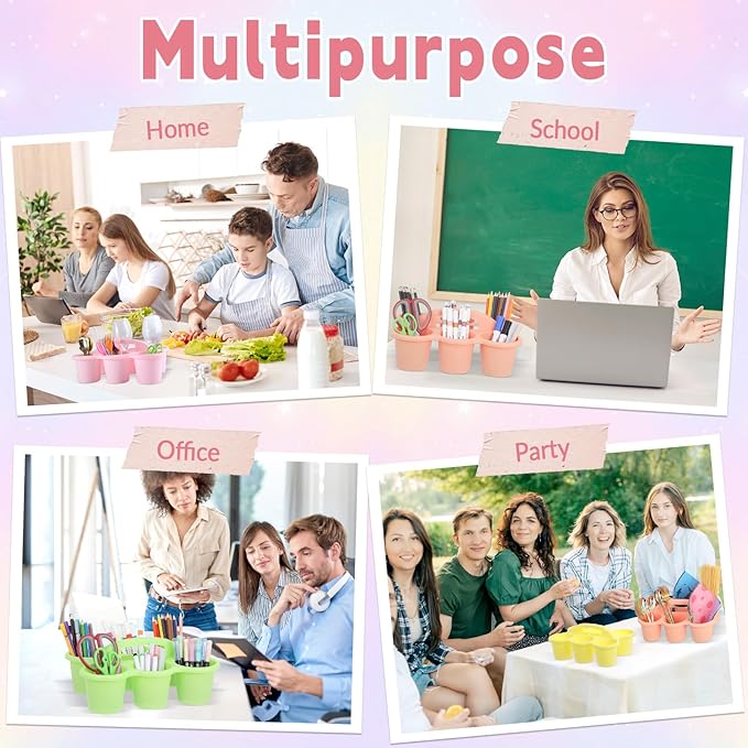 6 Pack Classroom Caddy Organizer with Handle Pastel Plastic Table Caddy Drink Cup Caddies Holder 12x9x3.5 Inches Storage School Supplies 6 Compartments for Table Crayon Pencil Cup Marker Craft