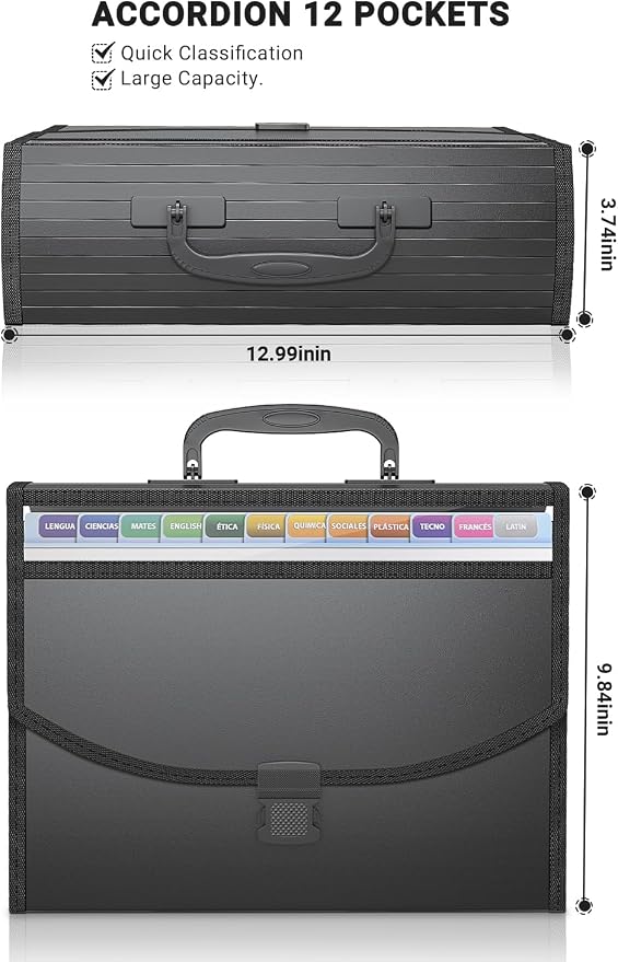 TOPCJ Accordion File Organizer,Expanding File Folder Portable Filing Folders,13 Pockets File Box with Handle for Documents,Special Design for Carrying,A4/Letter Size,Colored Tabs