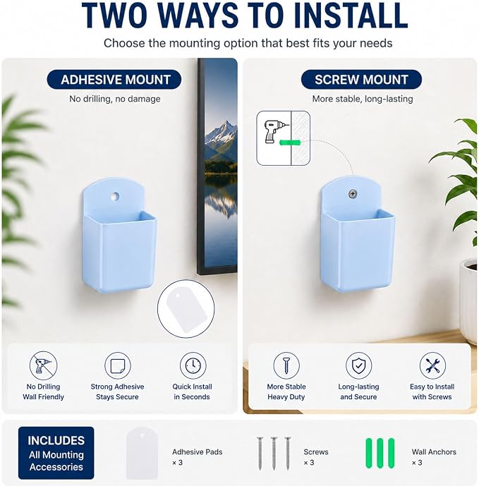 3 Pack Remote Control Holder Wall Mount, Adhesive Remote Holder with Screw Installation Storage Organizer for TV/Media/Air Conditioner Remotes For Home Office School Blue