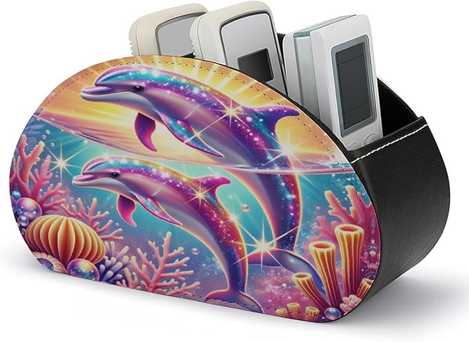 Dolphin Sunset Colorful Coral Reef Ocean Remote Control Holder with 5 Compartment PU Leather Multi Functional Desk Storage for TV Remotes Office Supplies