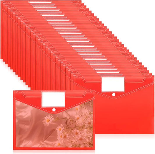 30 Pcs A4 Plastic Envelopes with Snap Closure, Red Plastic Envelopes A4 Size Poly File Folders, Plastic File Organizer with Label Pocket & Snap Button for School Home Organization (12.8 x 9.3 Inches)