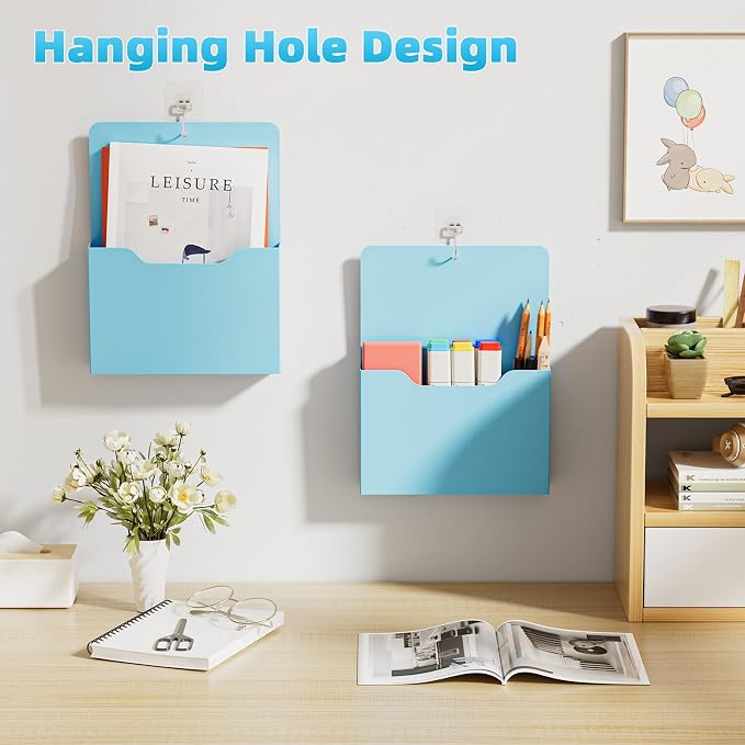 2 Pack Magnetic File Holder - Paper Holder, Pocket Organizer,Hanging Wall File Organizer Office Supplies Storage, Magazine Mail Organizer Case for Notebooks,Planners,Letter (Blue)