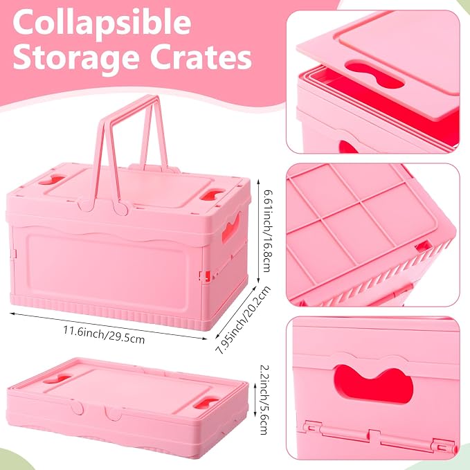 2 Pcs Pastel Plastic Collapsible Storage Crates with Lids and Handle Collapsible Picnic Basket Stackable Storage Bins Cute Foldable Container for Home Kitchen Office Bathroom(Pink)
