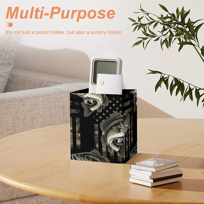 Women's Fashion Pencil Pen Holder Cup, Waterproof Office Supplies, Waterproof Multifunctional Office Supplies Bass Fishing Hunting Camo Camouflage American Flag Art