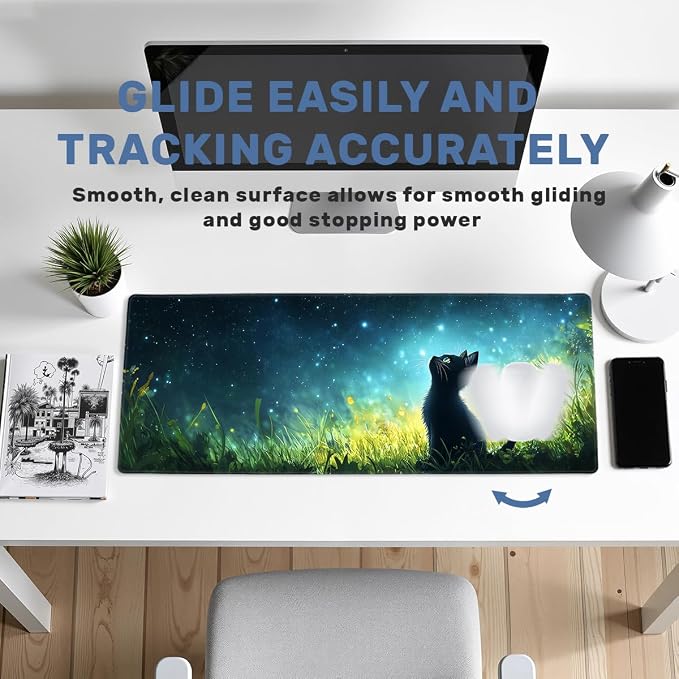 Black Cat Gaming Mouse Pad 35.4 x 15.7 Inches Starry Sky Grass Fantasy Night Light Desk Mat Mouse Mat XXL Laptop Keyboard Pad, Laptop Keyboard Mousepad Aesthetic Accessories for Women
