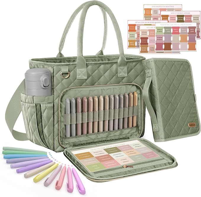 BellaHold Large Bible Bag with Bible Cover Case for Women, Church Bag with Bible Study Supplies & Shoulder Strap, Quilted Bible Tote Bag, Christian Gift for Women, Green