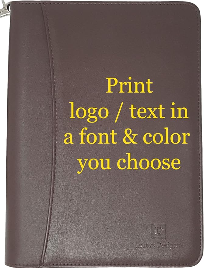 Customized Junior Zippered Leather Padfolio - Name/Logo Printed on Dark Brown PU Leather Portfolio Binder & Organizer Folder with 8 Inch Tablet Sleeve & with Junior Legal Notepad